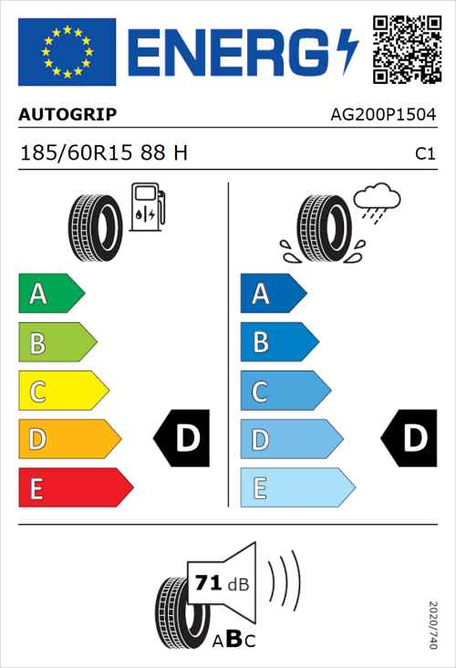 Tyre Label for Autogrip Grip 200 185/60R15 88H