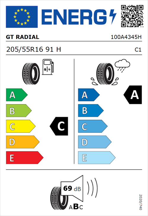Tyre Label for GT Radial FE2 205/55R16 91H