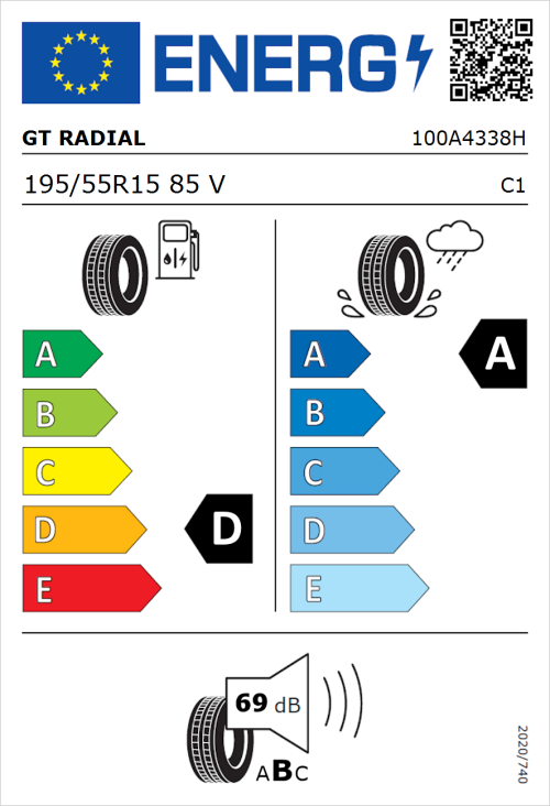 Tyre Label for GT Radial FE2 195/55R15 85V