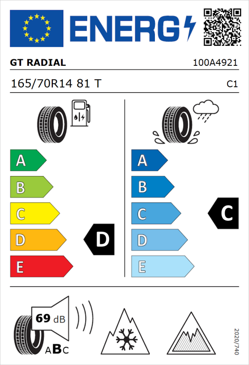 Tyre Label for GT Radial WinterPro 2 evo 165/70R14 81T