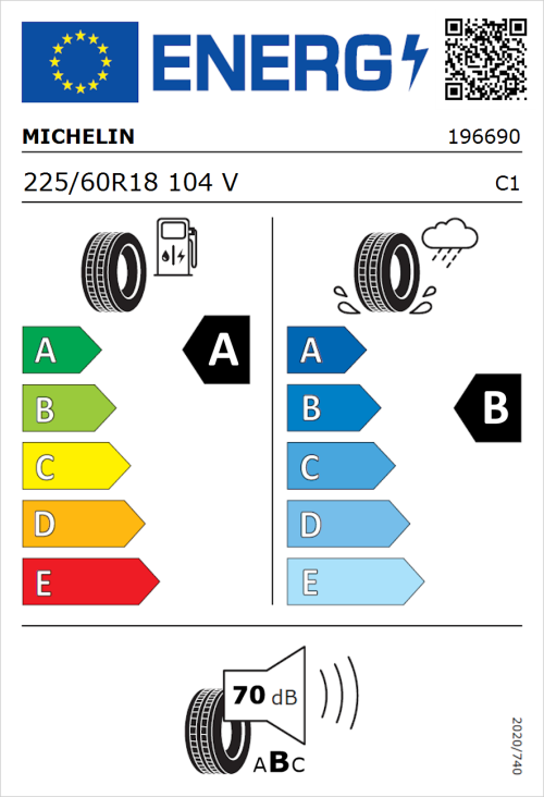 Tyre Label for Michelin e.primacy 225/60R18 104V