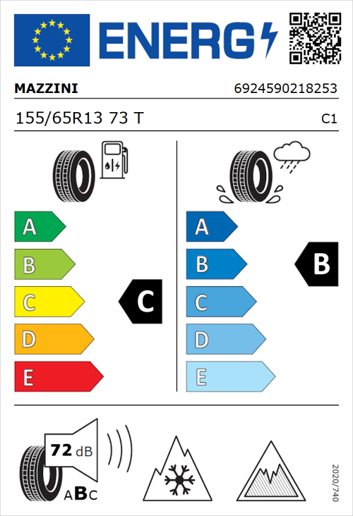 Tyre Label for Mazzini Versat-AS8 155/65R13 73T
