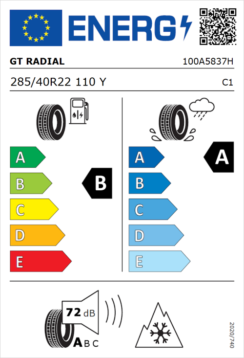 Tyre Label for GT Radial Climate Active 285/40R22 110Y