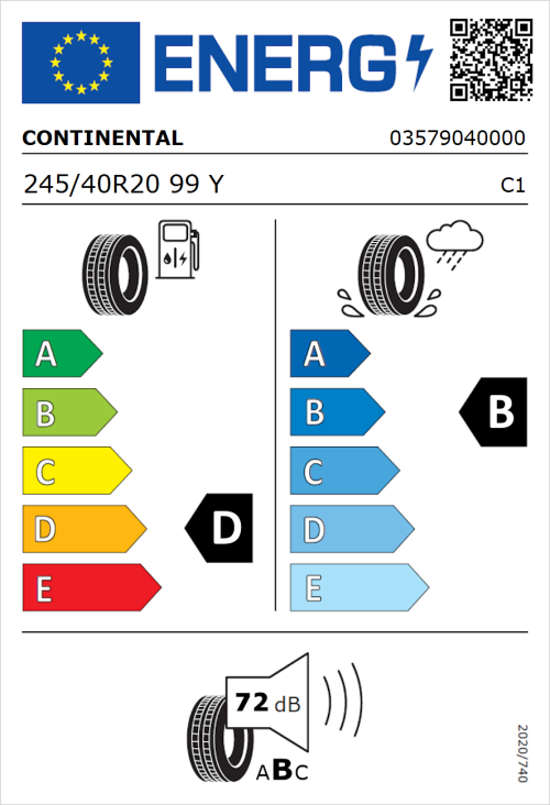 Tyre Label for Continental ContiSportContact 3 245/40R20 99Y
